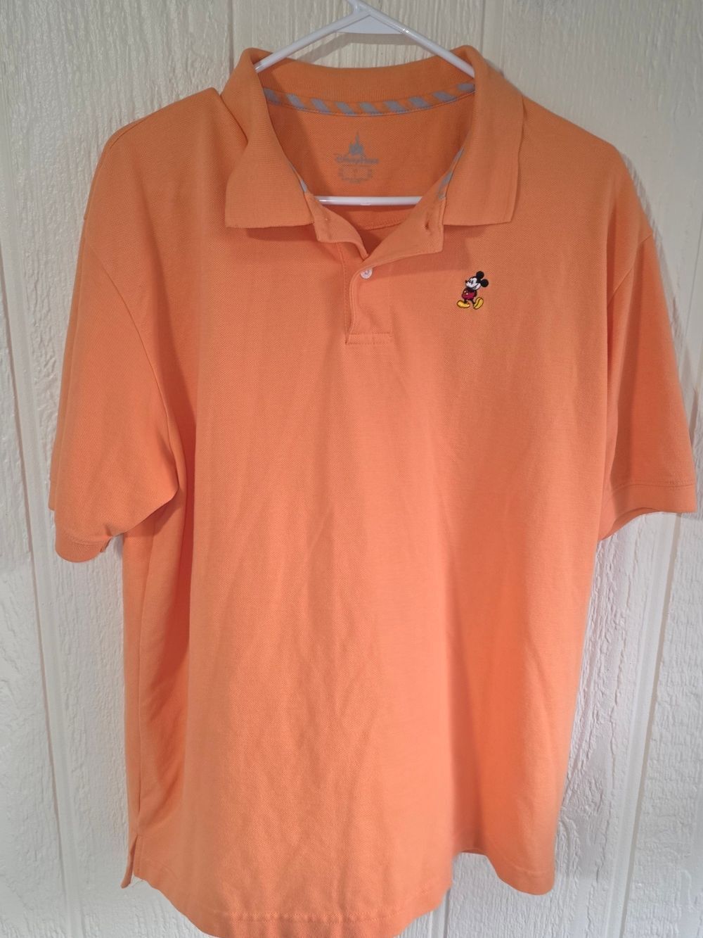 Disney Men's Peach-Orange Polo Shirt with Embroidered Mickey, Size Large